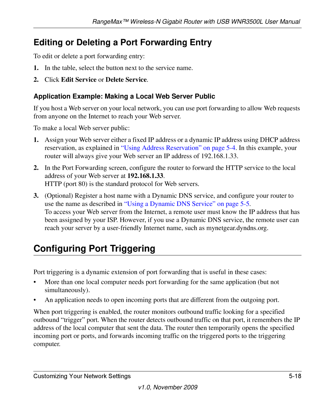 NETGEAR WNR3500L-100NAS user manual Configuring Port Triggering, Editing or Deleting a Port Forwarding Entry 