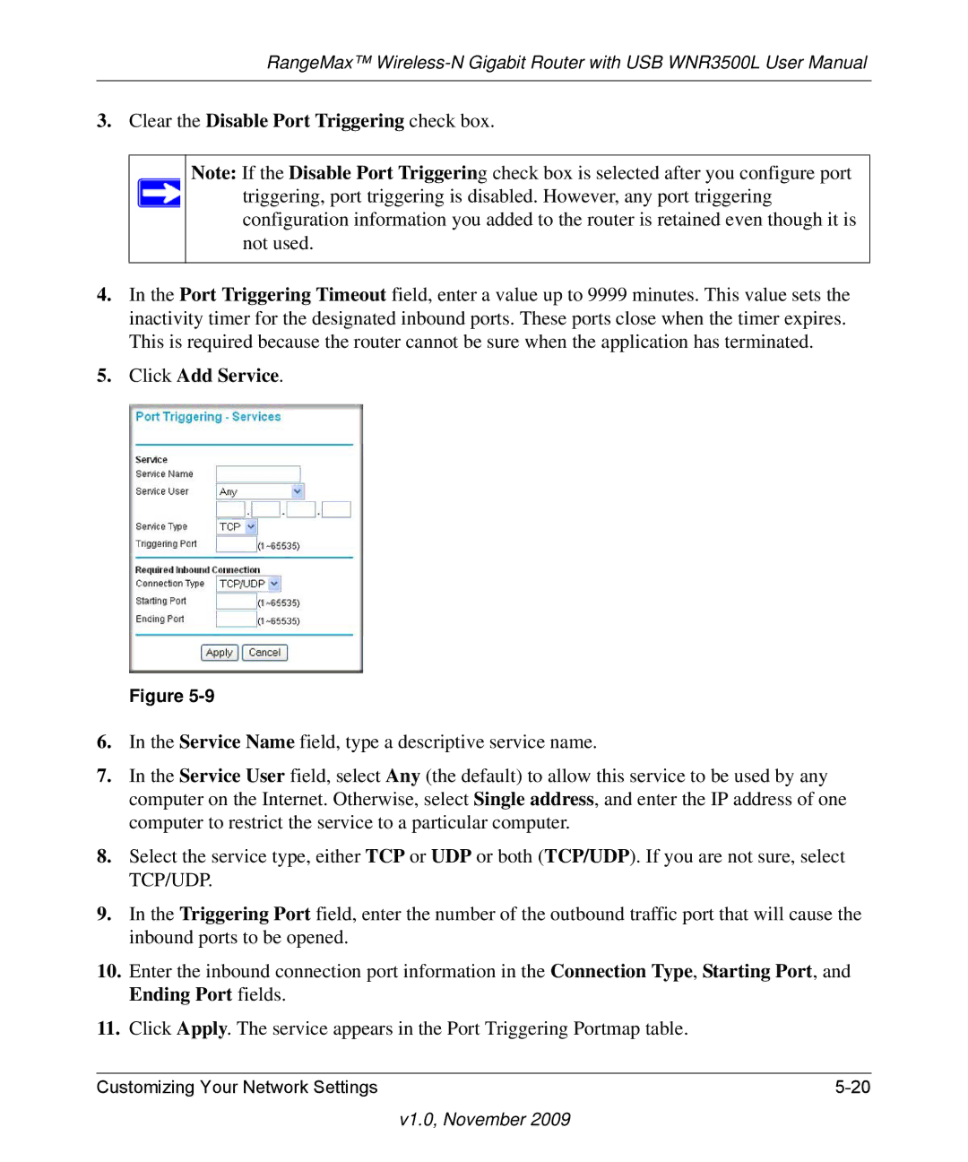 NETGEAR WNR3500L-100NAS user manual Clear the Disable Port Triggering check box, Click Add Service 