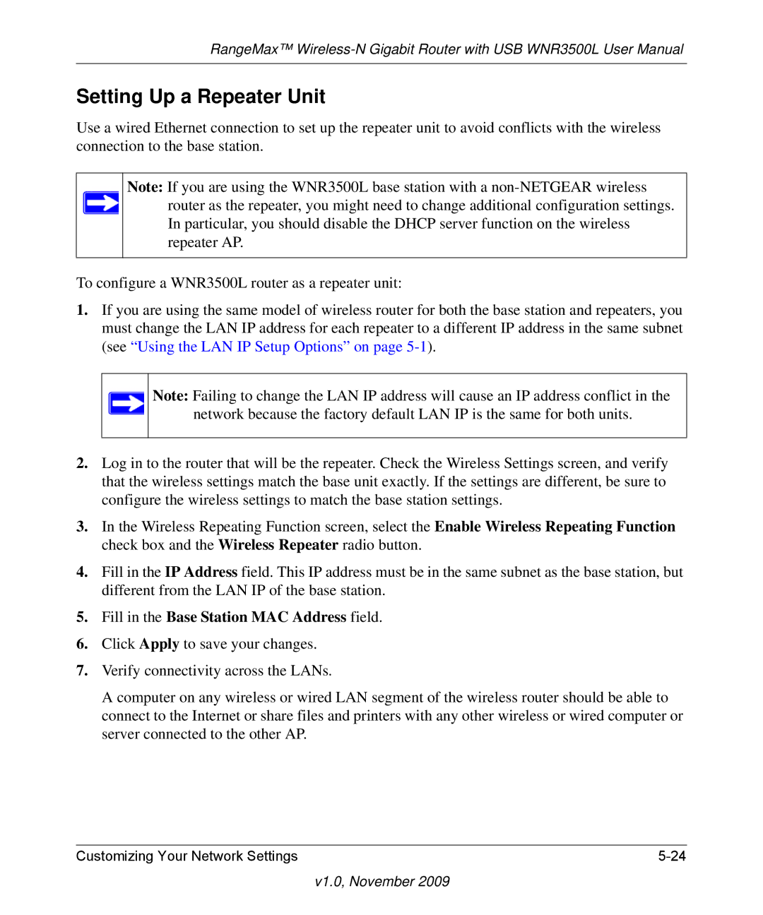 NETGEAR WNR3500L-100NAS user manual Setting Up a Repeater Unit, Fill in the Base Station MAC Address field 