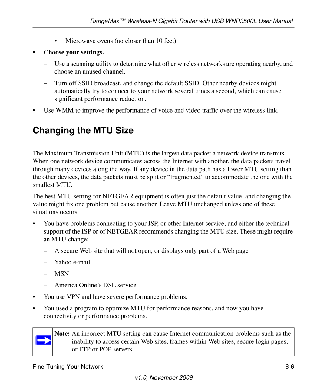 NETGEAR WNR3500L-100NAS user manual Changing the MTU Size, Choose your settings 