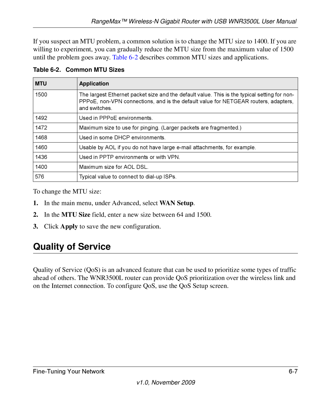 NETGEAR WNR3500L-100NAS user manual Quality of Service, Common MTU Sizes, Application 