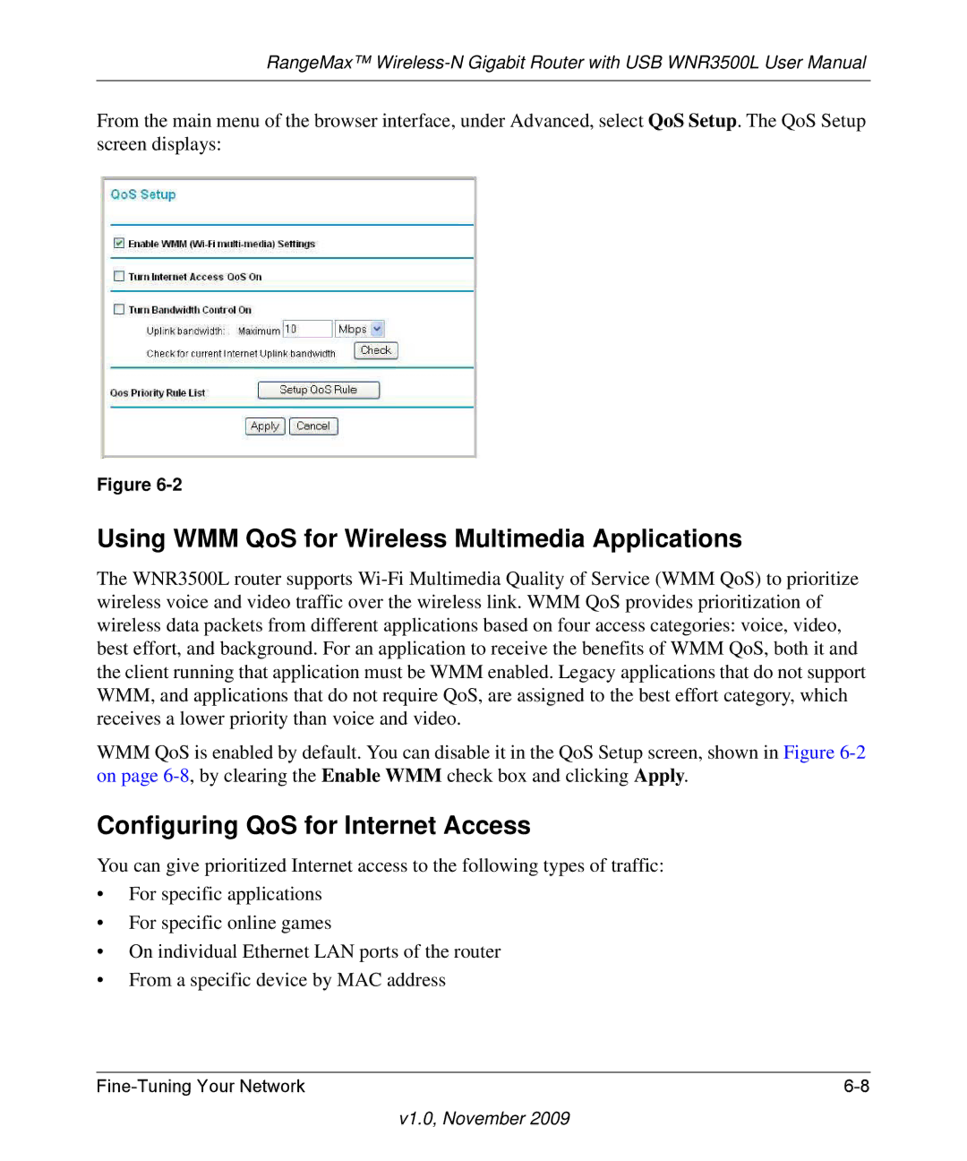 NETGEAR WNR3500L-100NAS Using WMM QoS for Wireless Multimedia Applications, Configuring QoS for Internet Access 