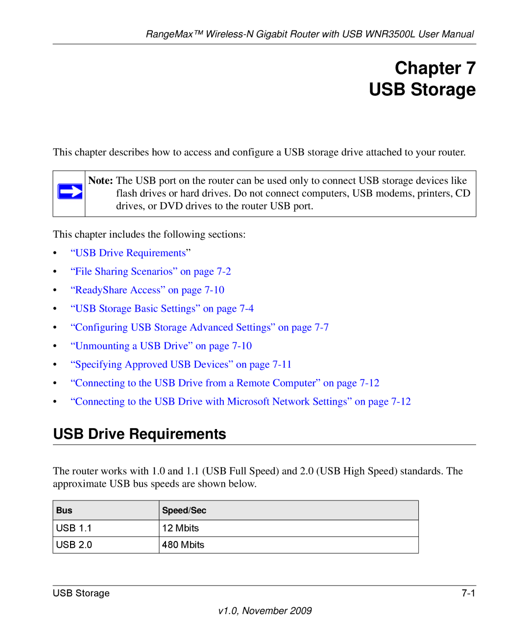 NETGEAR WNR3500L-100NAS user manual Chapter USB Storage, USB Drive Requirements, Bus Speed/Sec 