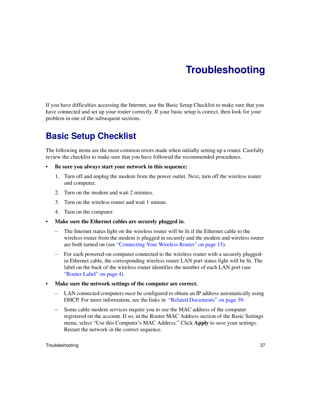 NETGEAR WNR834Bv2 manual Troubleshooting, Basic Setup Checklist 