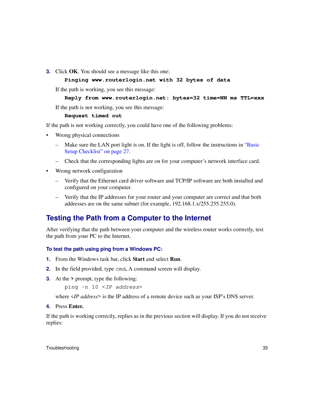 NETGEAR WNR834Bv2 manual Testing the Path from a Computer to the Internet 