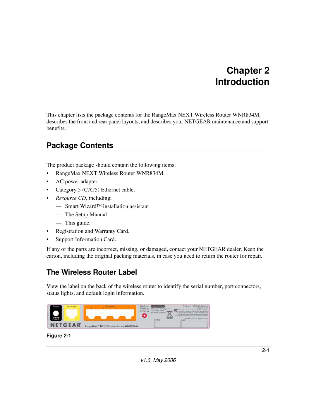 NETGEAR WNR834M manual Chapter Introduction, Package Contents 