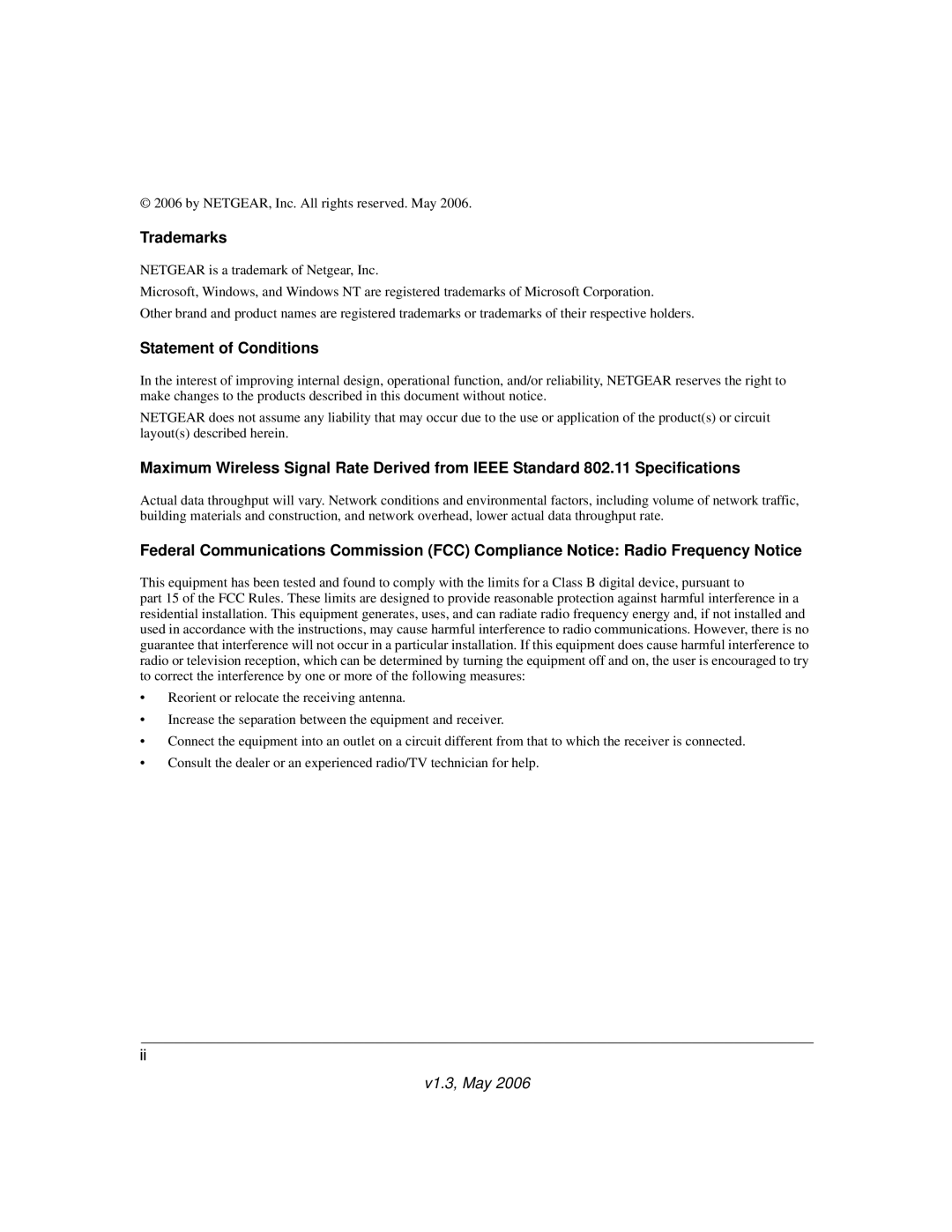 NETGEAR WNR834M manual Trademarks, Statement of Conditions 