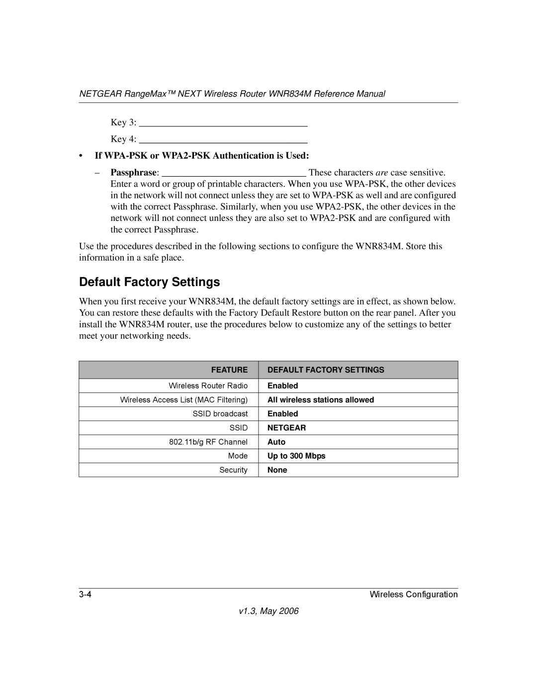 NETGEAR WNR834M manual Default Factory Settings, If WPA-PSK or WPA2-PSK Authentication is Used 