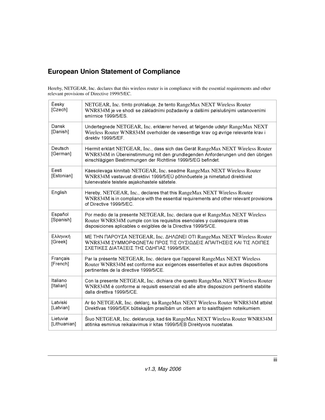 NETGEAR WNR834M manual European Union Statement of Compliance 