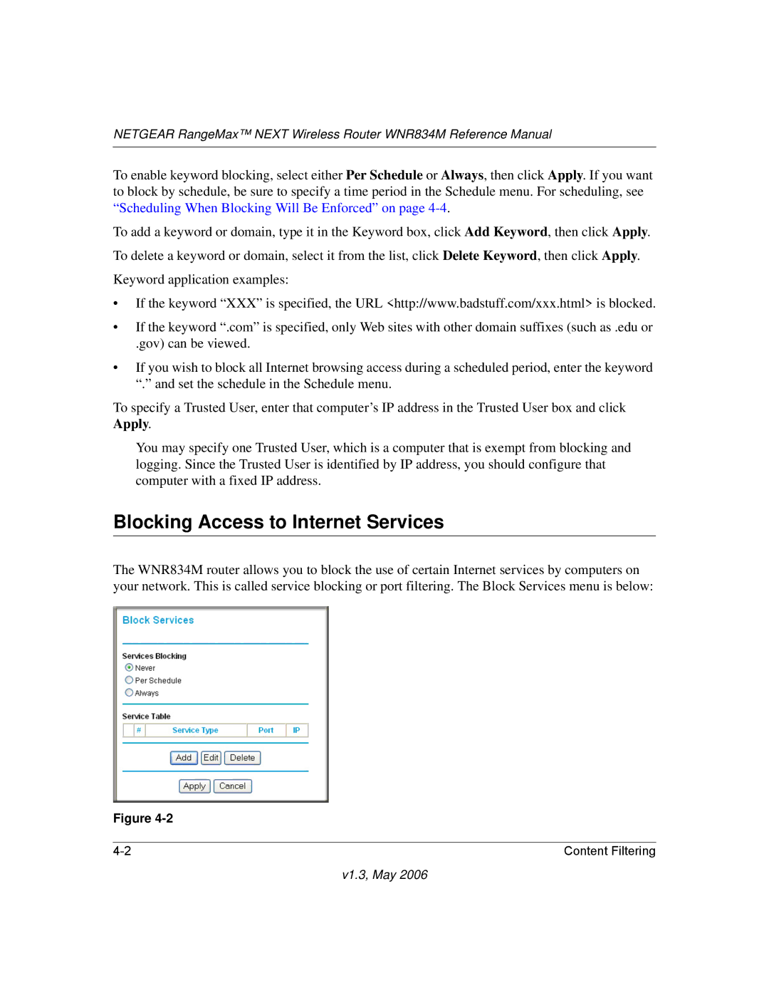 NETGEAR WNR834M manual Blocking Access to Internet Services 