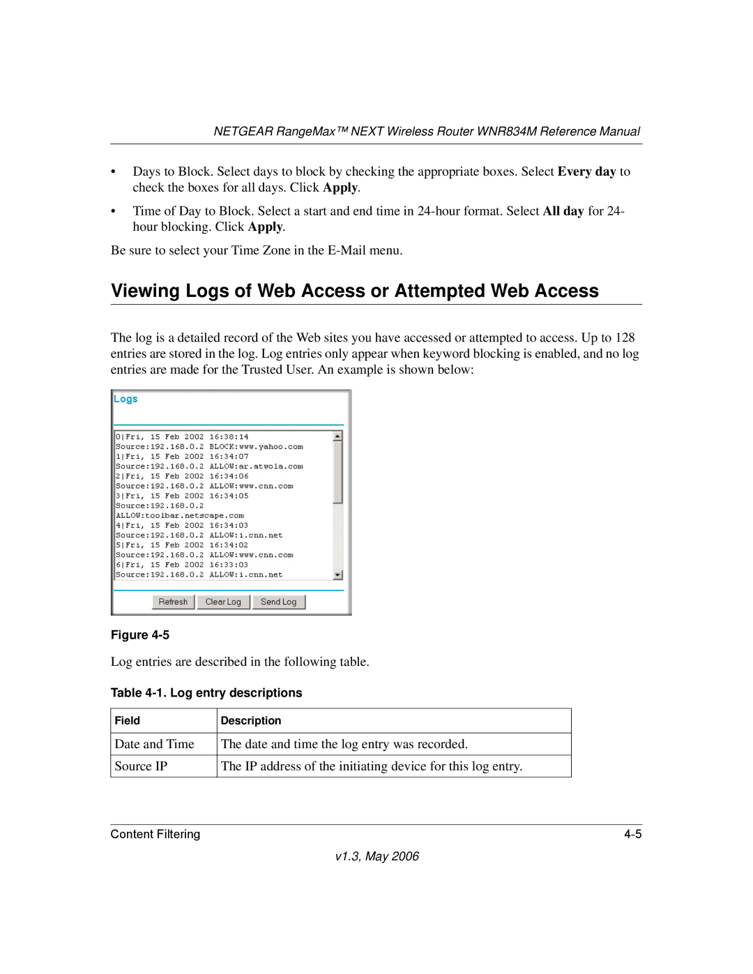 NETGEAR WNR834M manual Viewing Logs of Web Access or Attempted Web Access, Log entry descriptions 