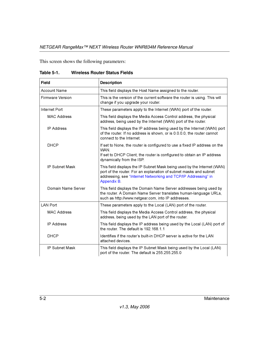 NETGEAR WNR834M manual This screen shows the following parameters, Wireless Router Status Fields 