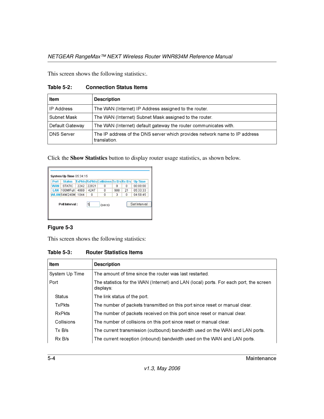 NETGEAR WNR834M manual Connection Status Items, Router Statistics Items 