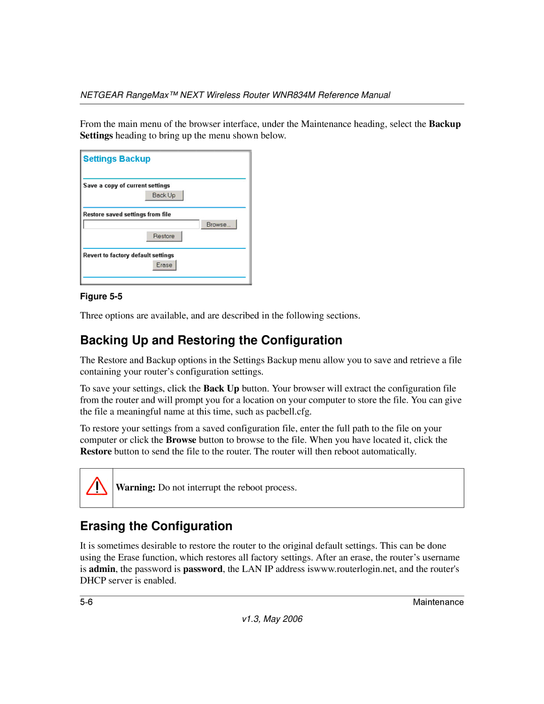 NETGEAR WNR834M manual Backing Up and Restoring the Configuration, Erasing the Configuration 