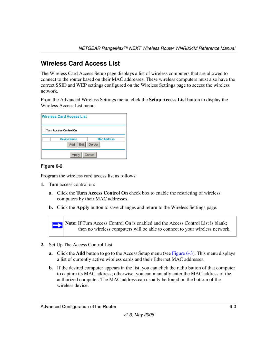 NETGEAR WNR834M manual Wireless Card Access List 