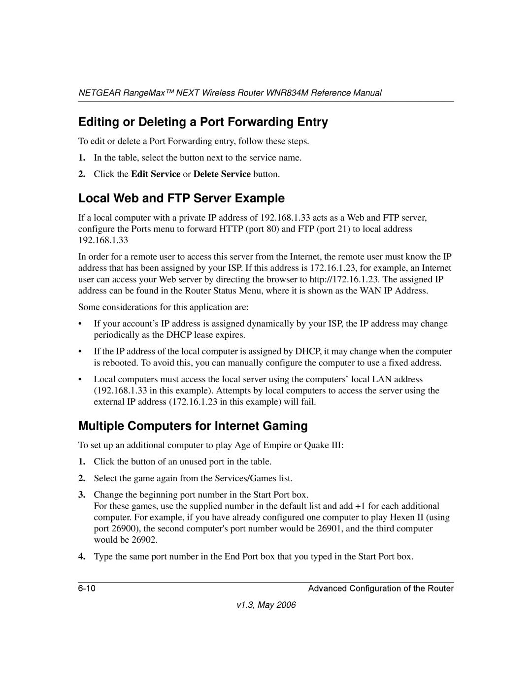 NETGEAR WNR834M manual Editing or Deleting a Port Forwarding Entry, Local Web and FTP Server Example 