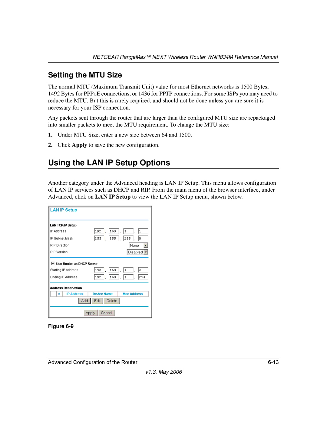 NETGEAR WNR834M manual Using the LAN IP Setup Options, Setting the MTU Size 