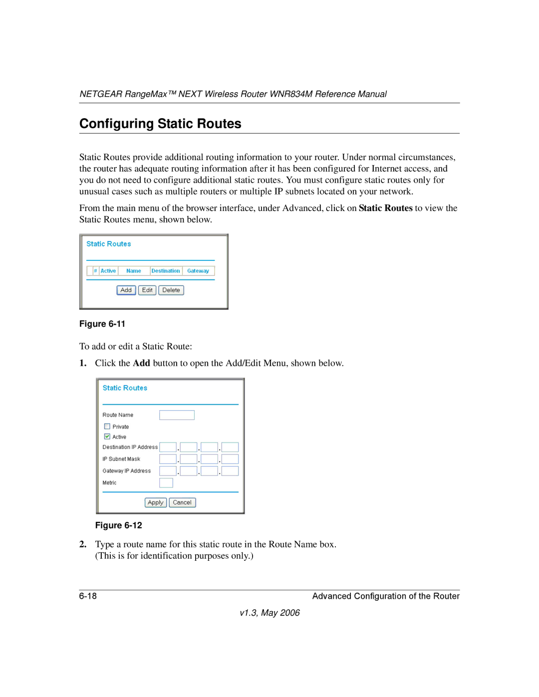 NETGEAR WNR834M manual Configuring Static Routes 