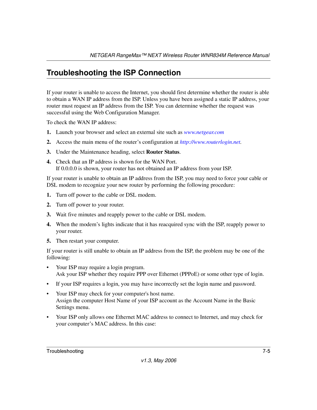 NETGEAR WNR834M manual Troubleshooting the ISP Connection 