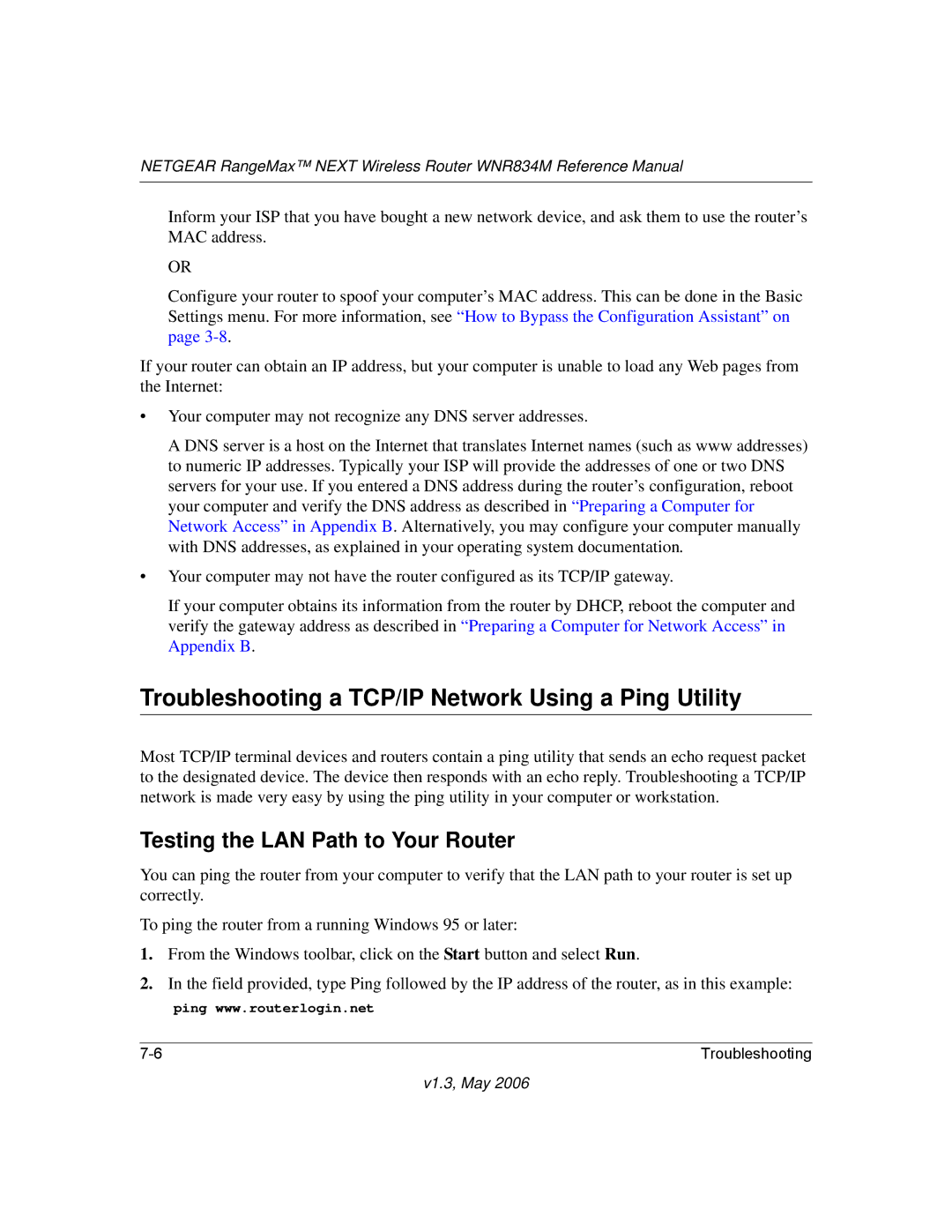 NETGEAR WNR834M manual Troubleshooting a TCP/IP Network Using a Ping Utility, Testing the LAN Path to Your Router 