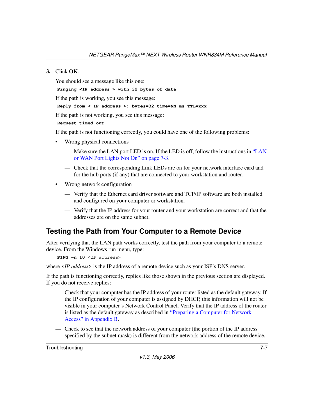 NETGEAR WNR834M manual Testing the Path from Your Computer to a Remote Device 