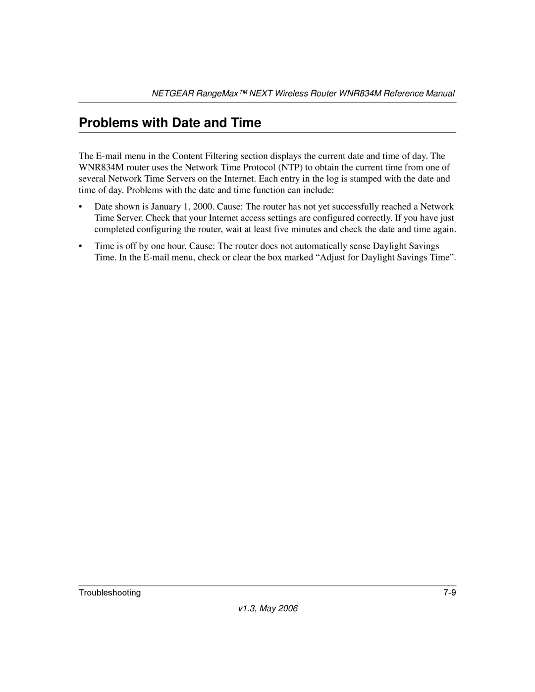 NETGEAR WNR834M manual Problems with Date and Time 