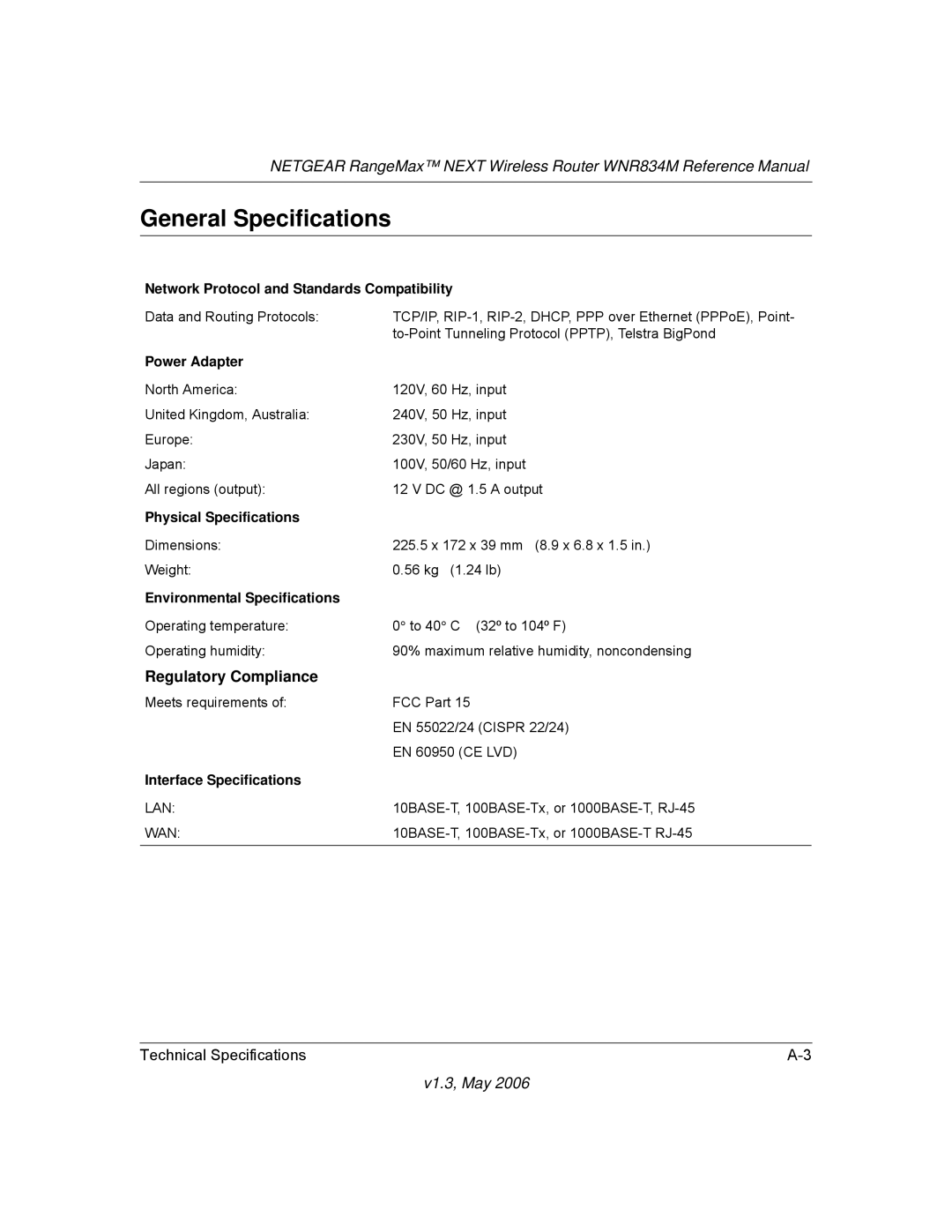 NETGEAR WNR834M manual General Specifications, Regulatory Compliance 