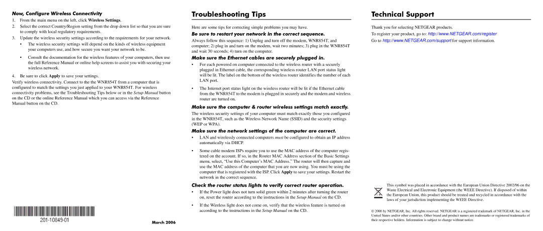 NETGEAR WNR854T manual Troubleshooting Tips, Technical Support 