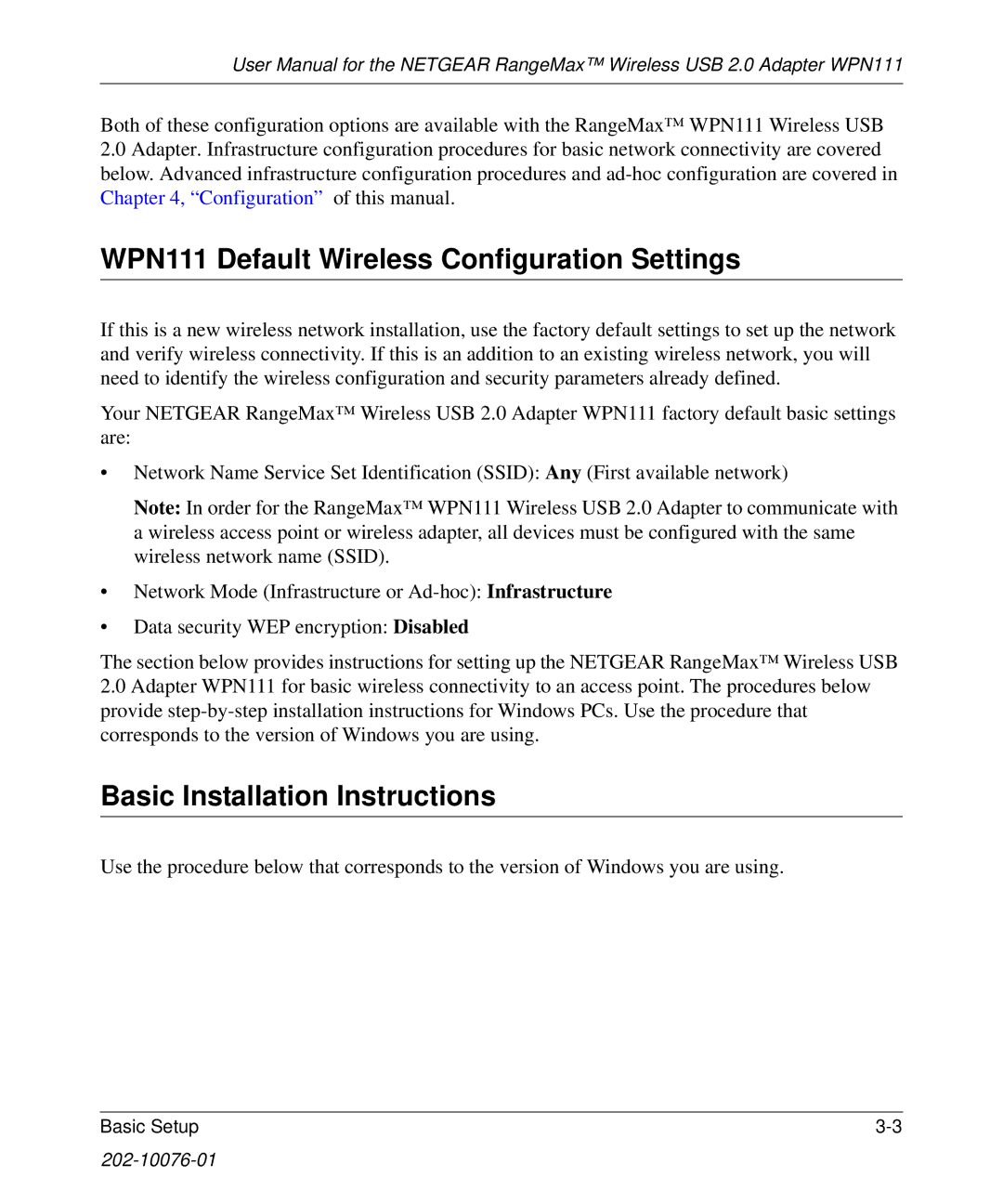 NETGEAR user manual WPN111 Default Wireless Configuration Settings, Basic Installation Instructions 