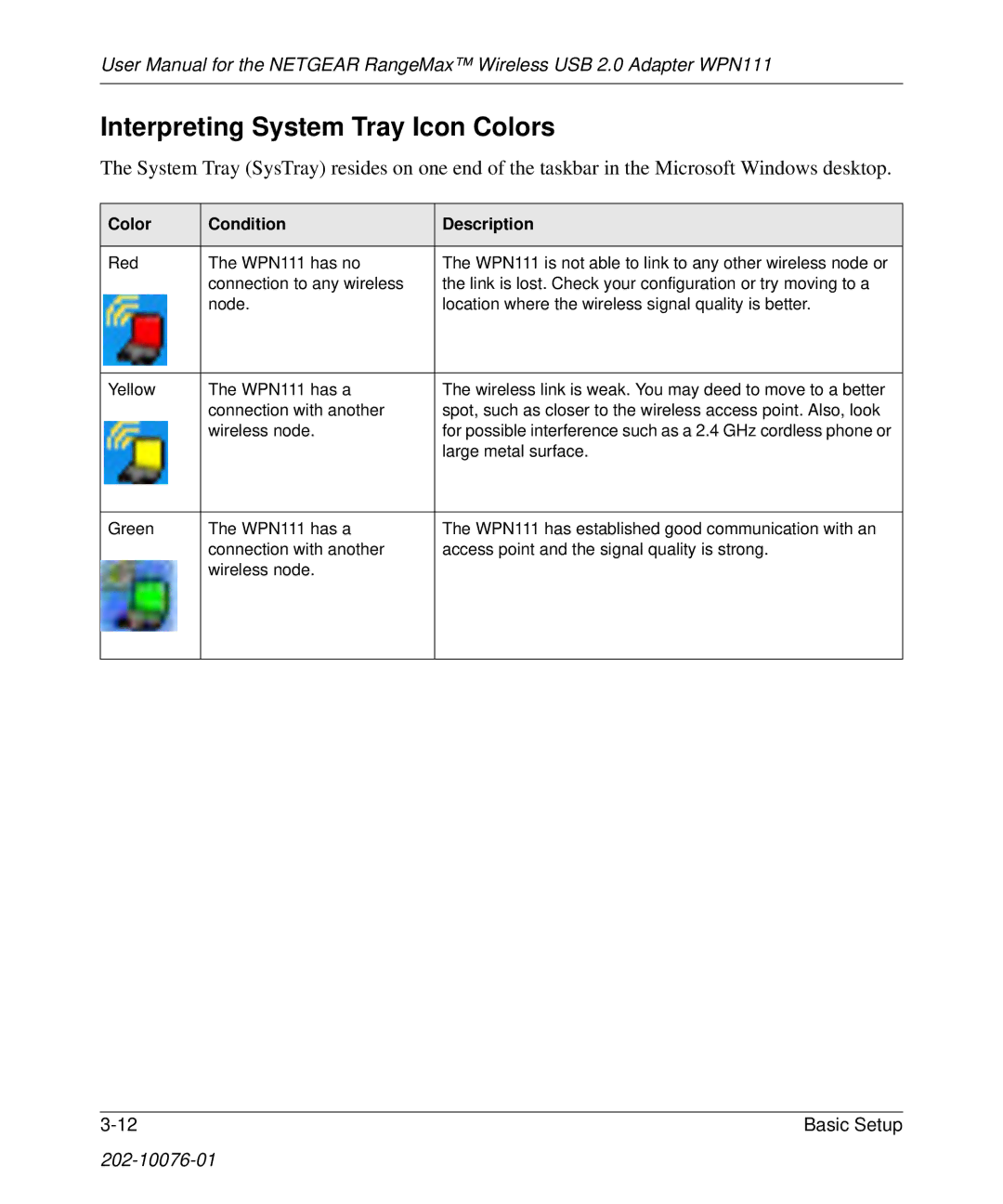 NETGEAR WPN111 user manual Interpreting System Tray Icon Colors 