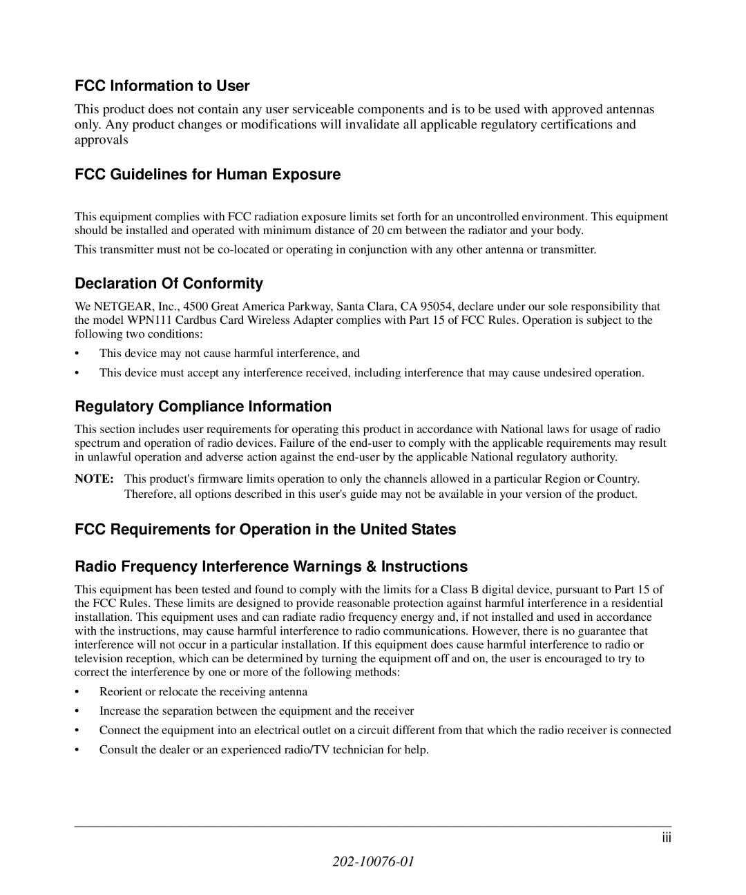 NETGEAR WPN111 user manual FCC Information to User 