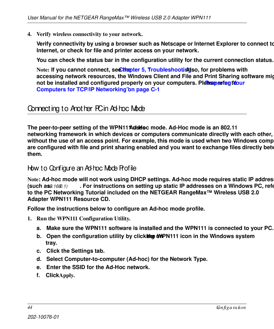 NETGEAR WPN111 user manual Connecting to Another PC in Ad-hoc Mode, How to Configure an Ad-hoc Mode Profile 