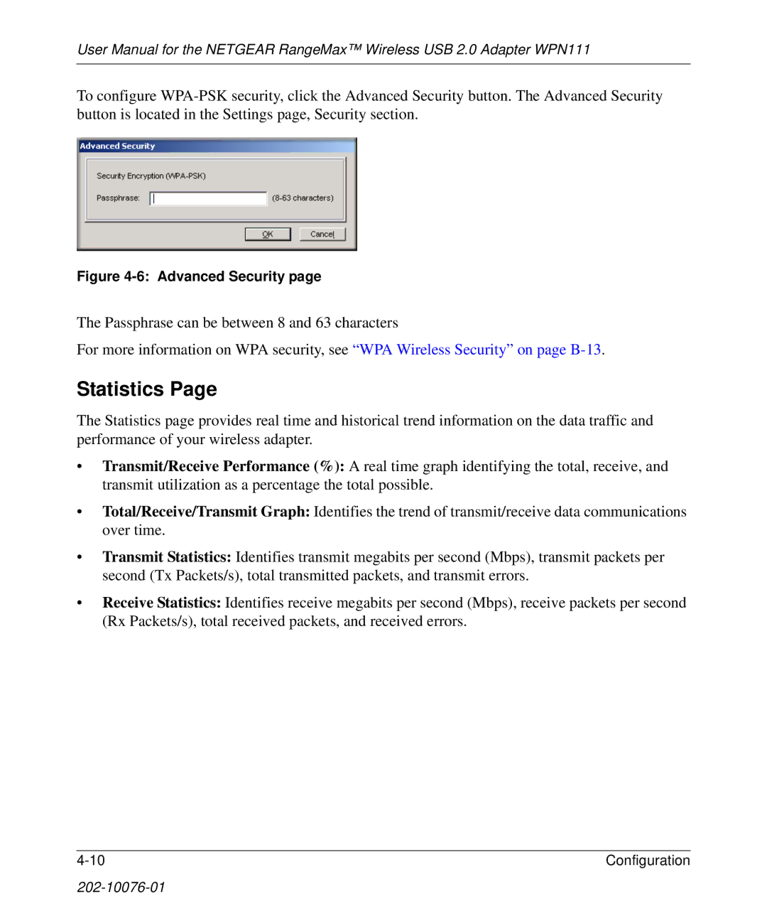 NETGEAR WPN111 user manual Statistics, Advanced Security 