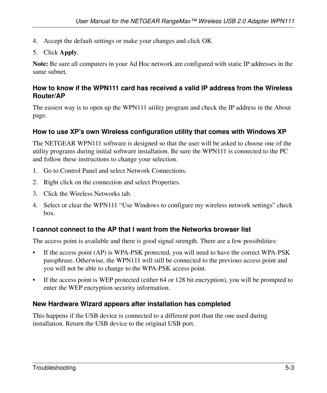 NETGEAR WPN111 user manual New Hardware Wizard appears after installation has completed 