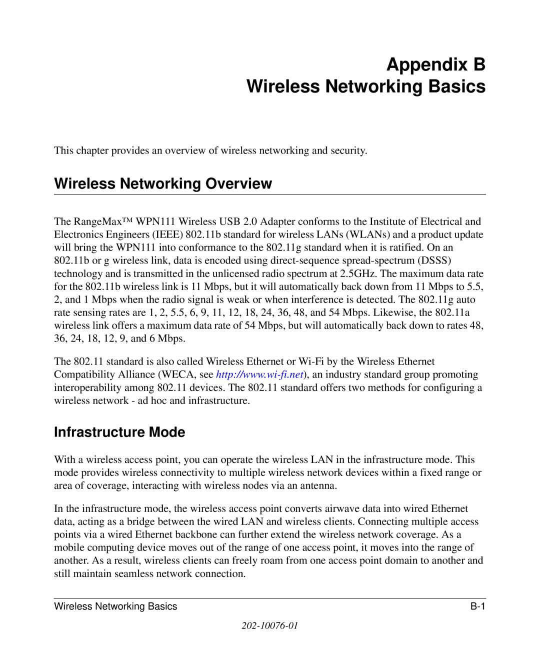 NETGEAR WPN111 user manual Appendix B Wireless Networking Basics, Wireless Networking Overview, Infrastructure Mode 