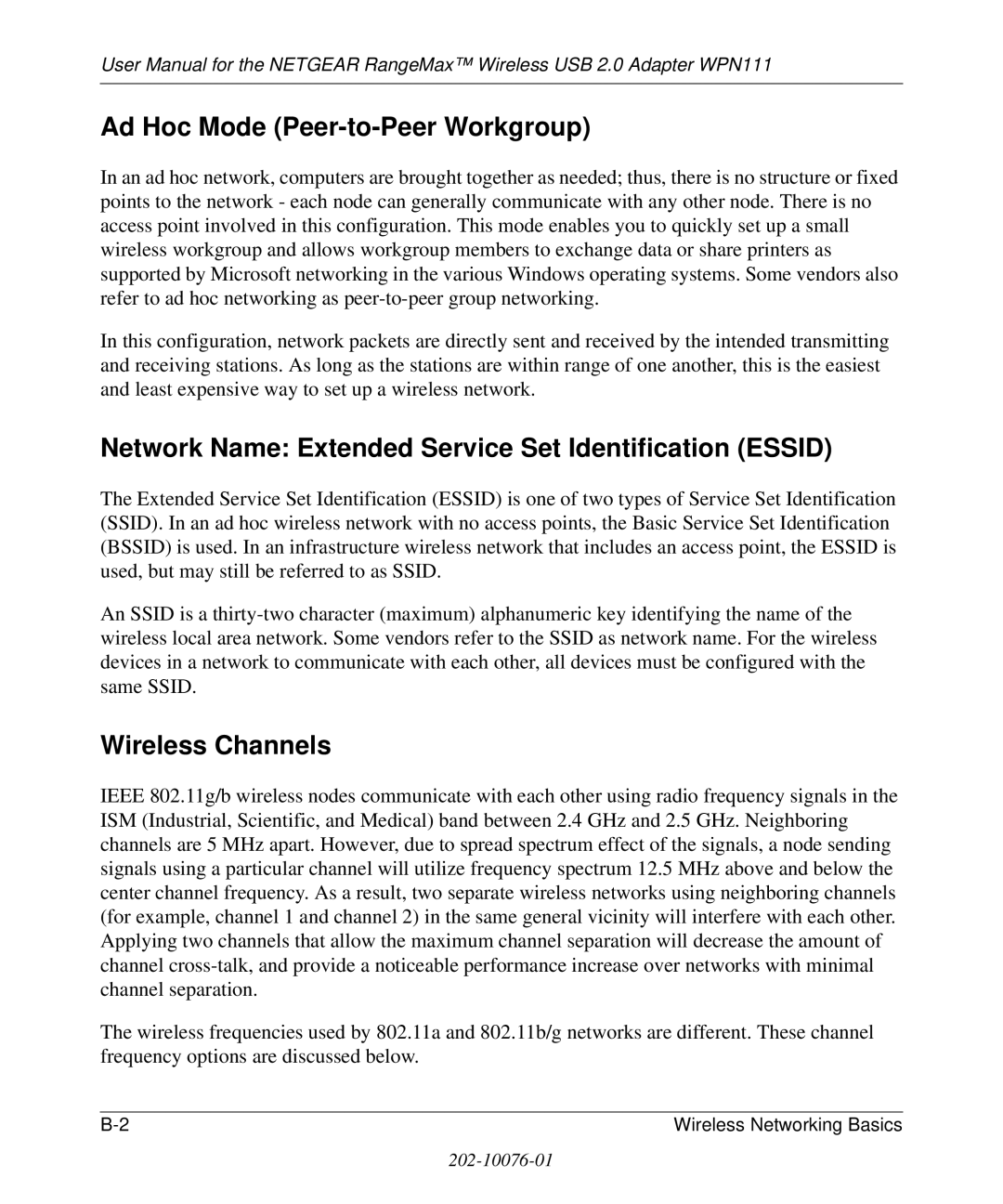 NETGEAR WPN111 user manual Ad Hoc Mode Peer-to-Peer Workgroup, Network Name Extended Service Set Identification Essid 