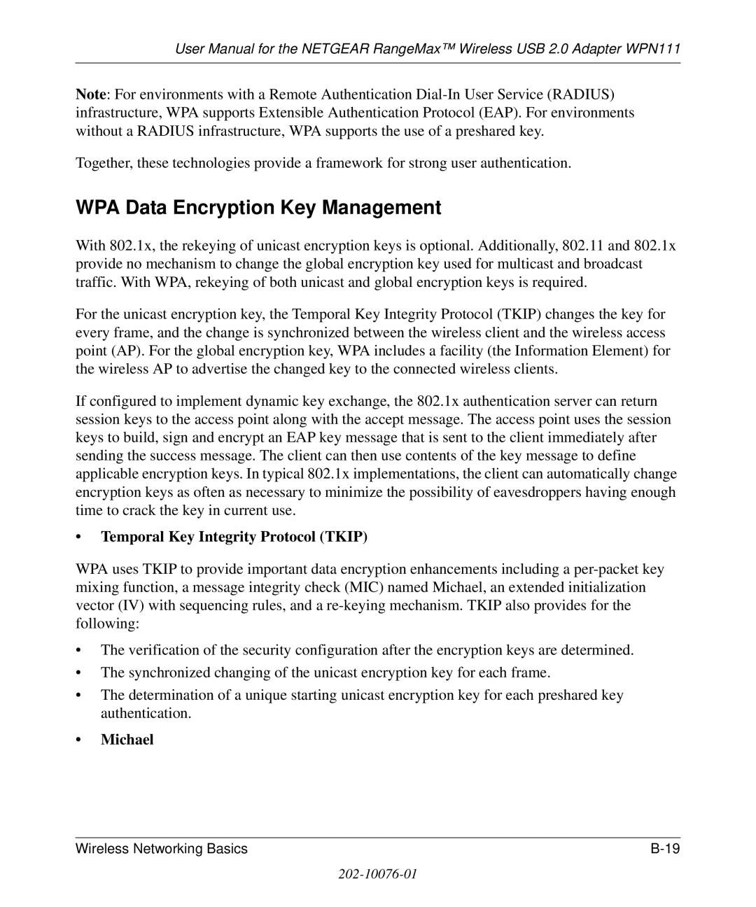 NETGEAR WPN111 user manual WPA Data Encryption Key Management, Temporal Key Integrity Protocol Tkip, Michael 