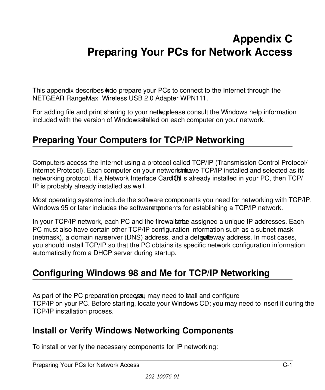 NETGEAR WPN111 user manual Appendix C Preparing Your PCs for Network Access, Preparing Your Computers for TCP/IP Networking 