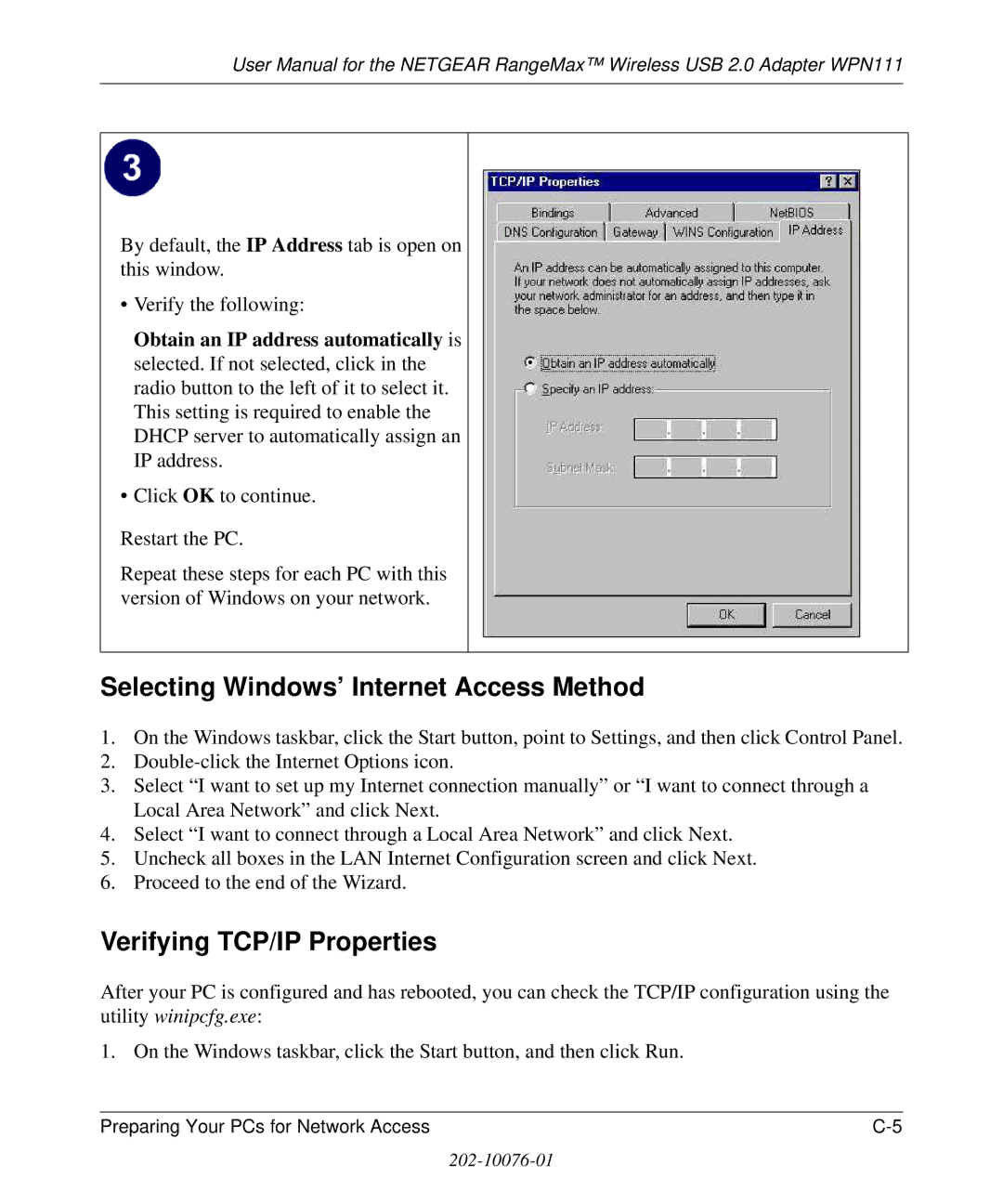 NETGEAR WPN111 user manual Selecting Windows’ Internet Access Method, Verifying TCP/IP Properties 