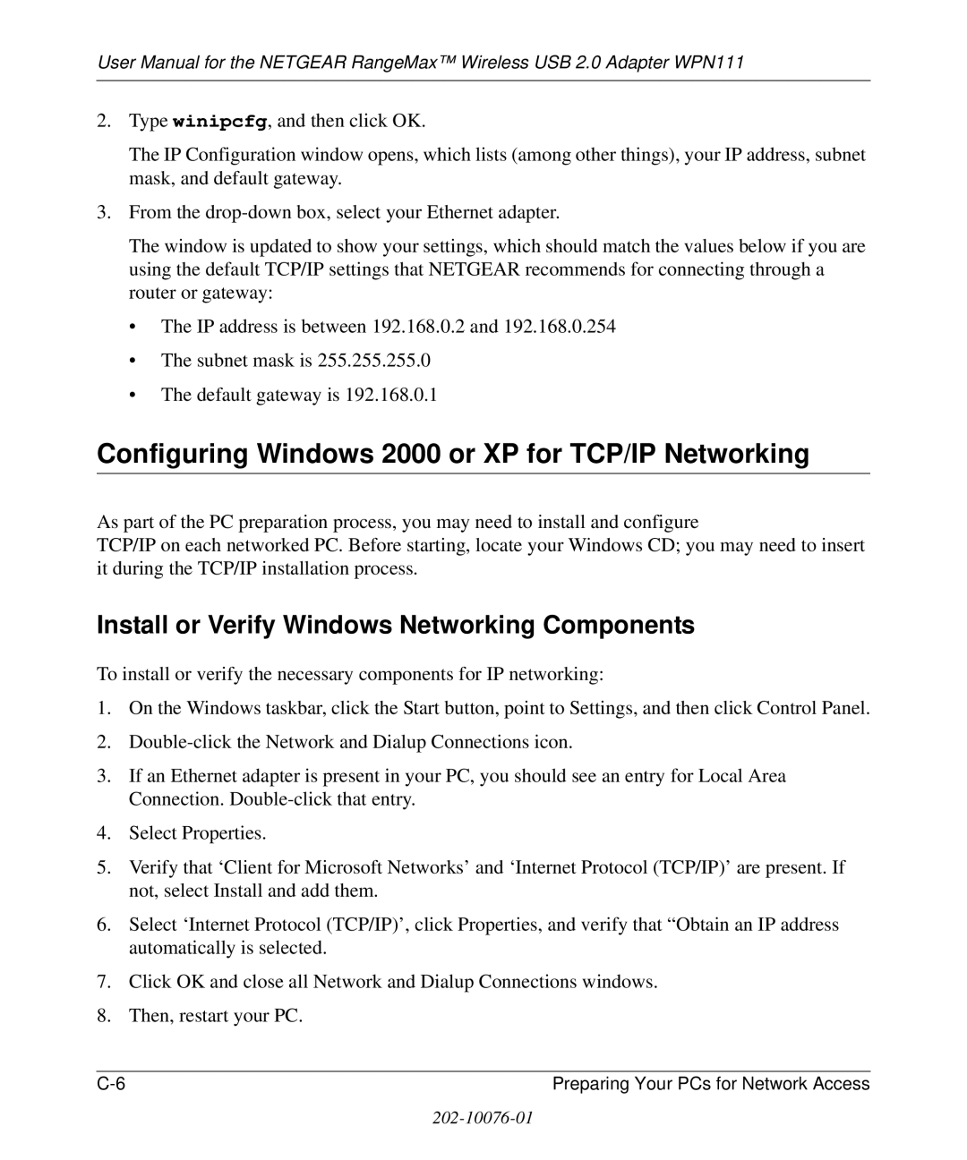 NETGEAR WPN111 Configuring Windows 2000 or XP for TCP/IP Networking, Install or Verify Windows Networking Components 