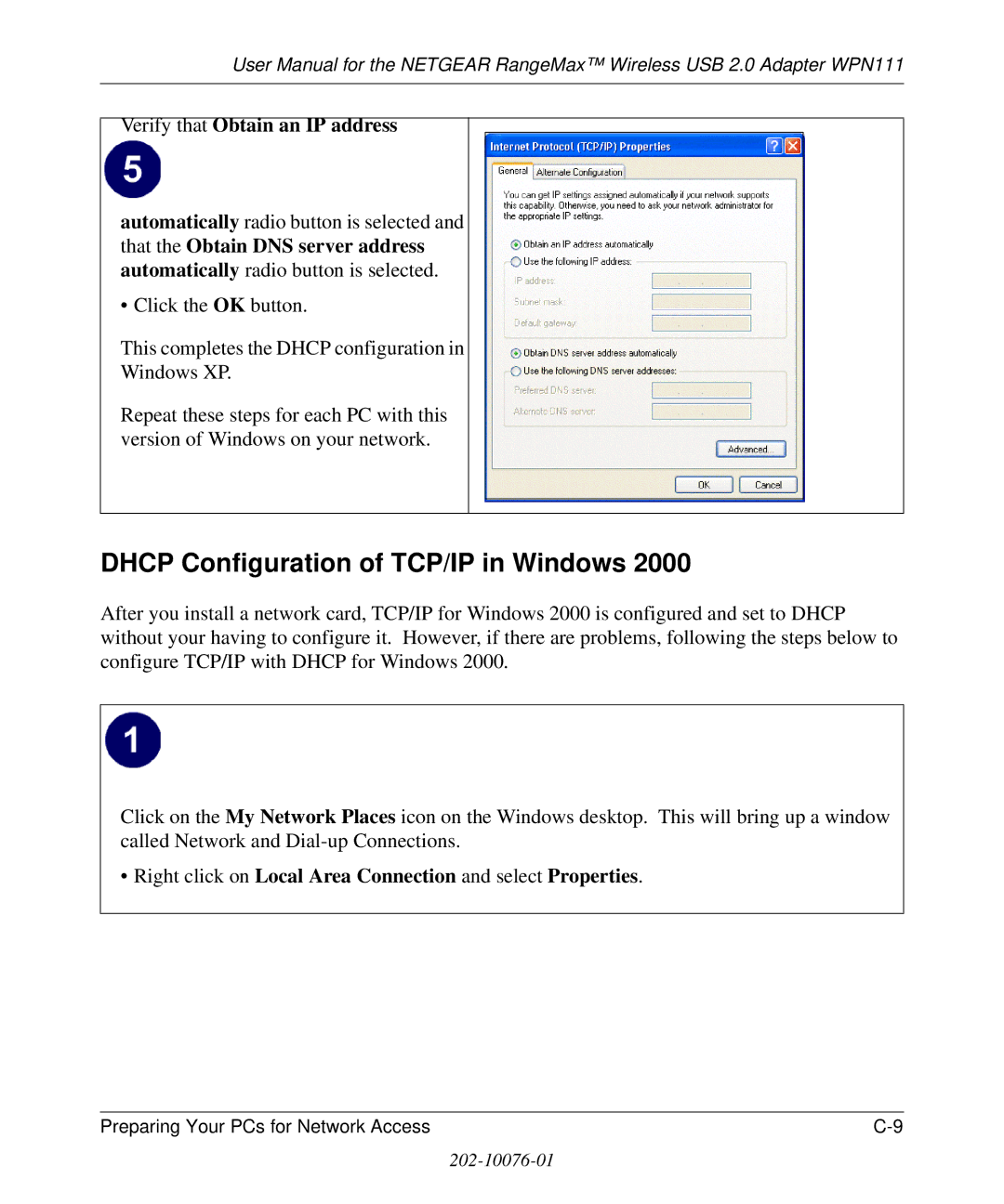 NETGEAR WPN111 user manual Dhcp Configuration of TCP/IP in Windows, Verify that Obtain an IP address 