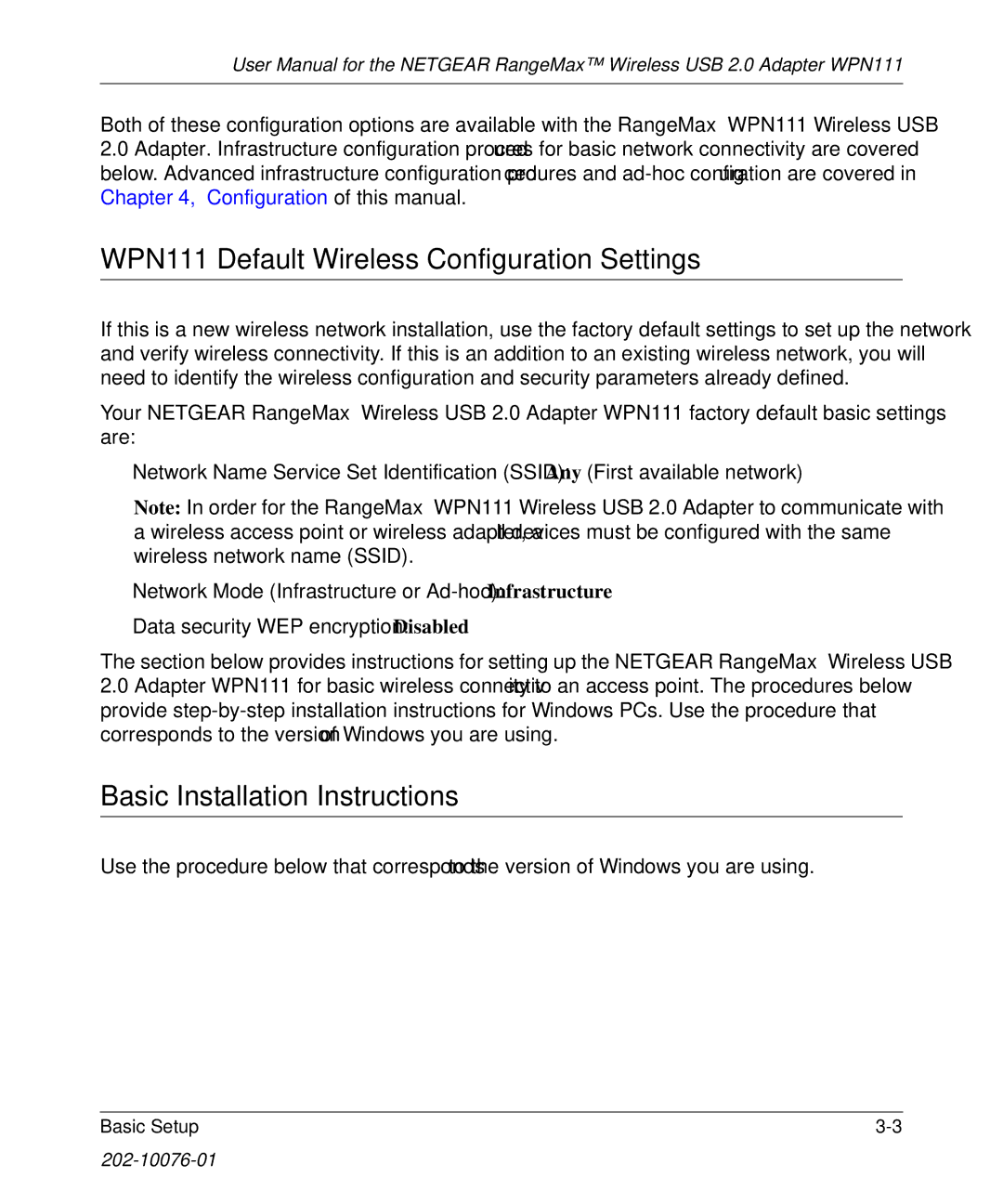 NETGEAR user manual WPN111 Default Wireless Configuration Settings, Basic Installation Instructions 