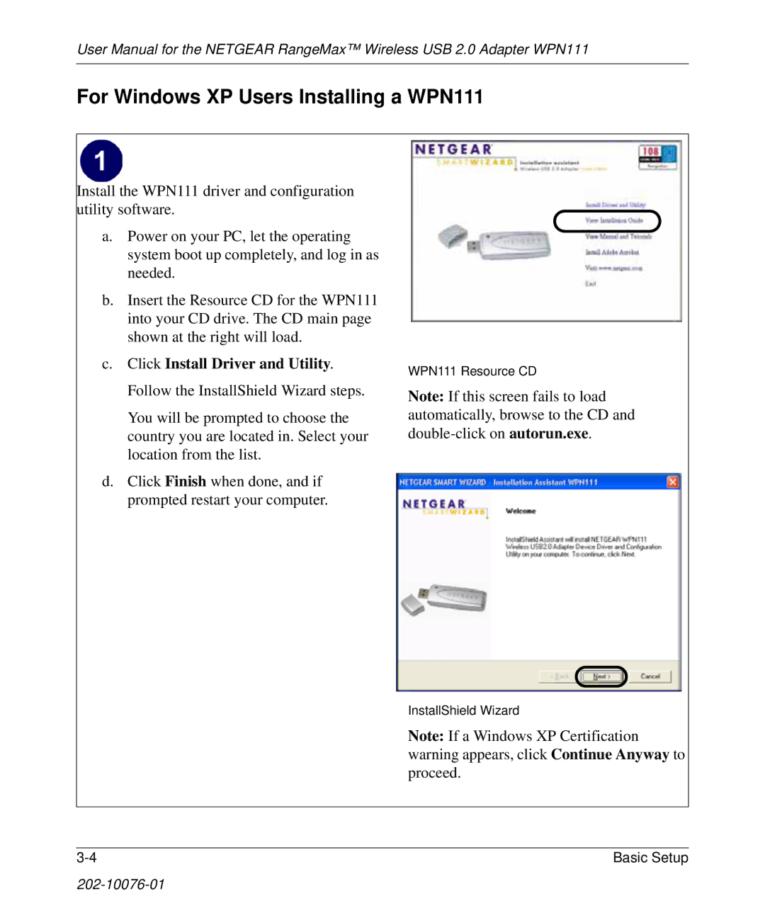 NETGEAR user manual For Windows XP Users Installing a WPN111, Click Install Driver and Utility, Sta llS h ie ld W iza rd 