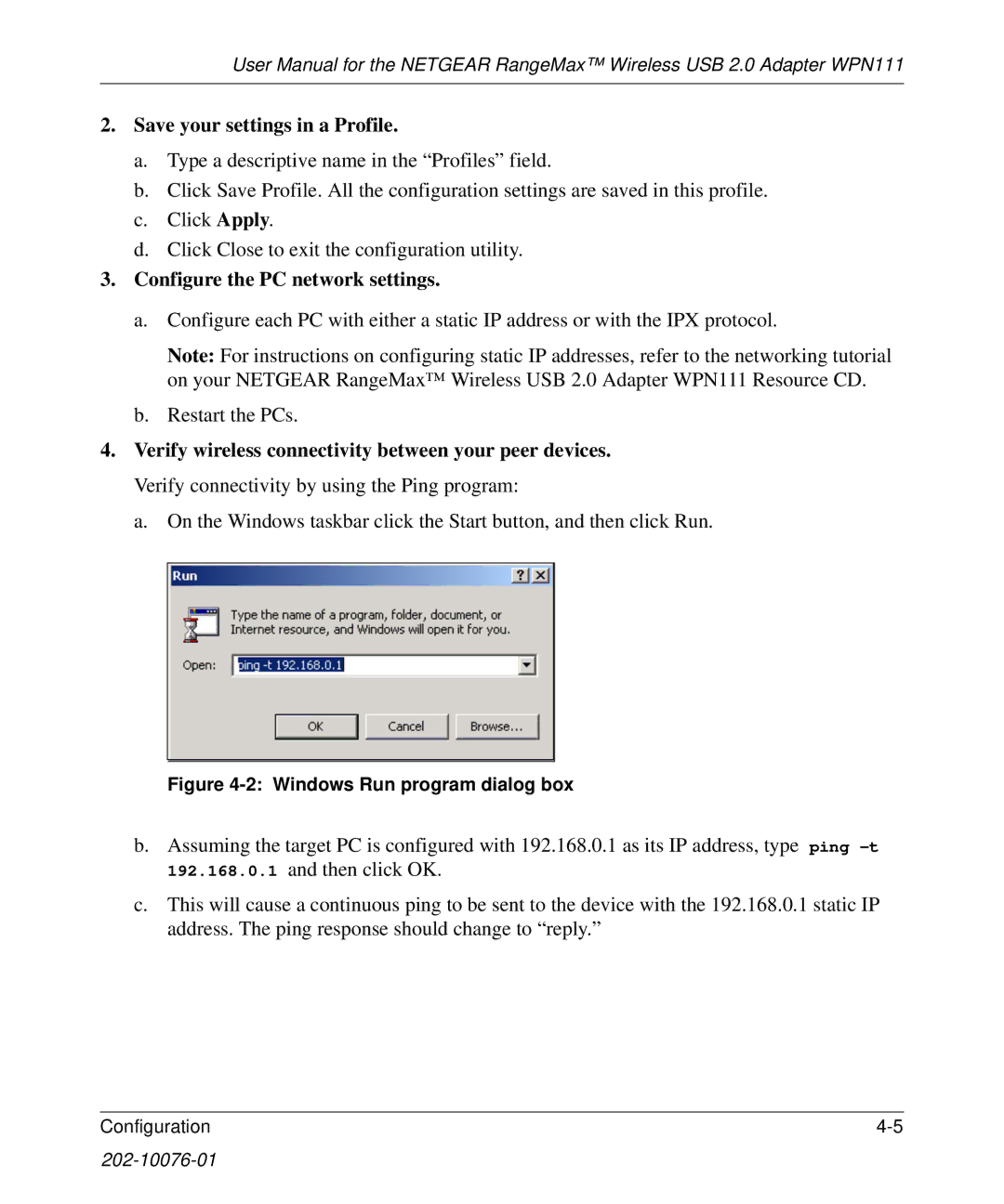 NETGEAR WPN111 user manual Configure the PC network settings, Windows Run program dialog box 