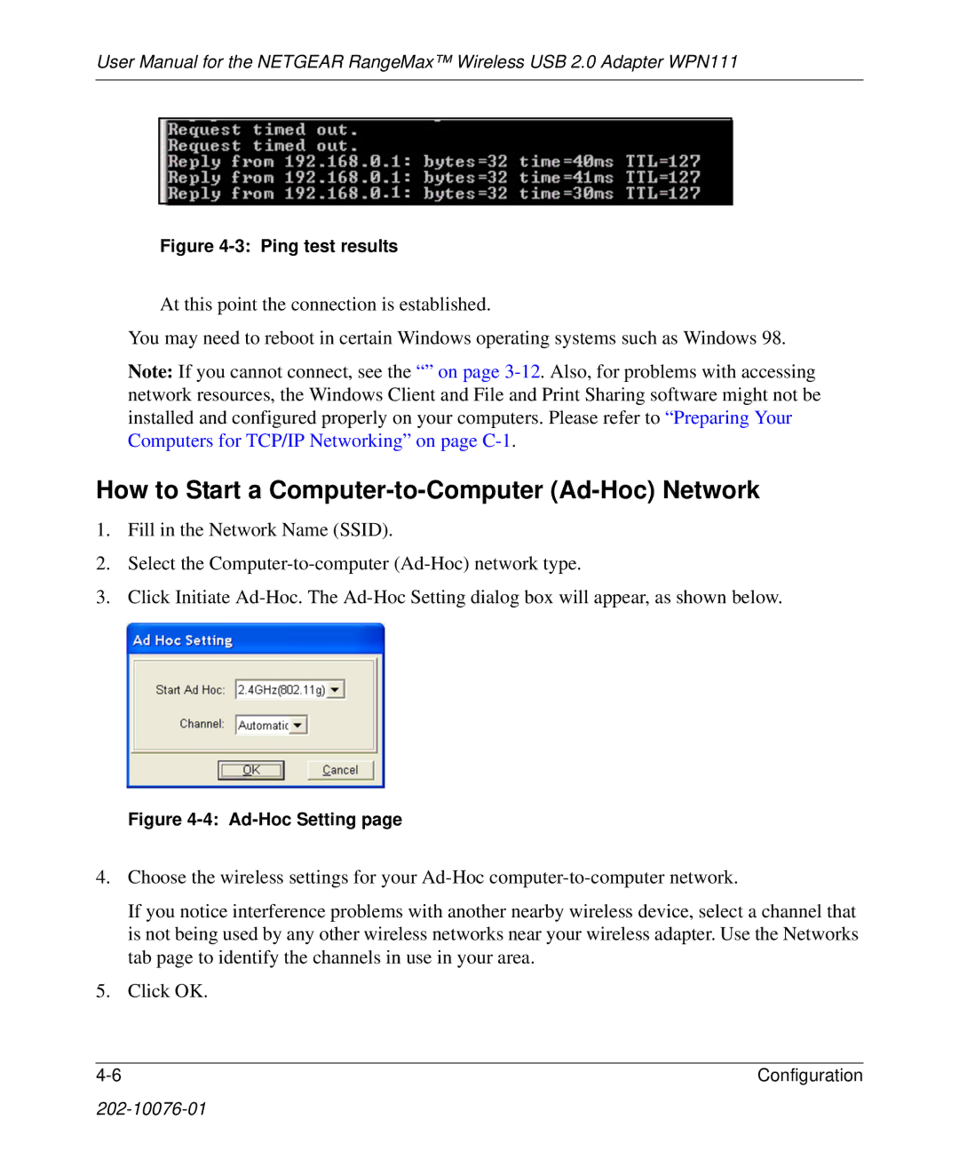 NETGEAR WPN111 user manual How to Start a Computer-to-Computer Ad-Hoc Network, Ping test results 