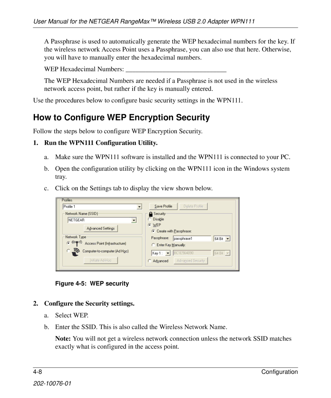 NETGEAR WPN111 user manual How to Configure WEP Encryption Security, Configure the Security settings 