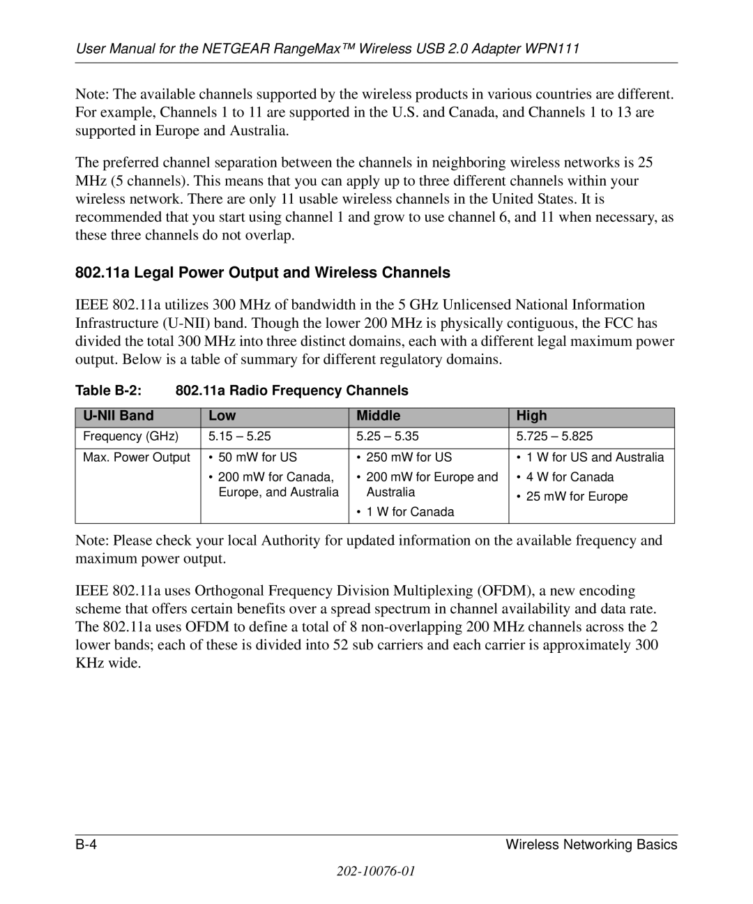 NETGEAR WPN111 user manual Re qu e n cy G H z 5 5 2 5 5 2, For U S, For C a n a d a, W for E u rop e 