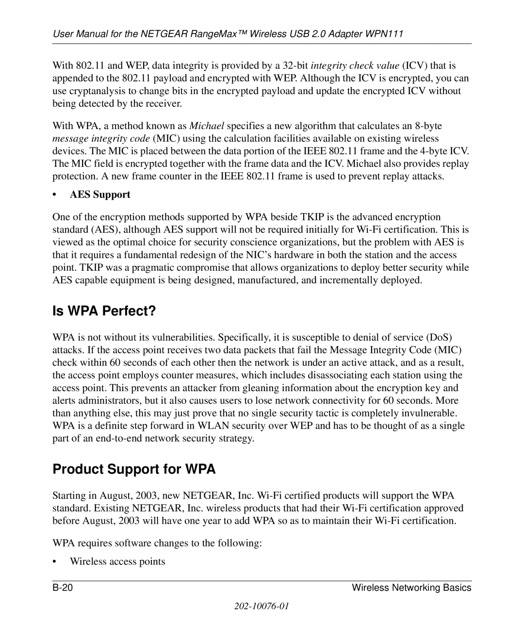 NETGEAR WPN111 user manual Is WPA Perfect?, Product Support for WPA, AES Support 