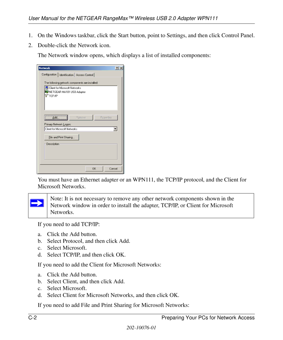 NETGEAR WPN111 user manual Re p a rin g Y ou r P C s for N e twork a cce ss 