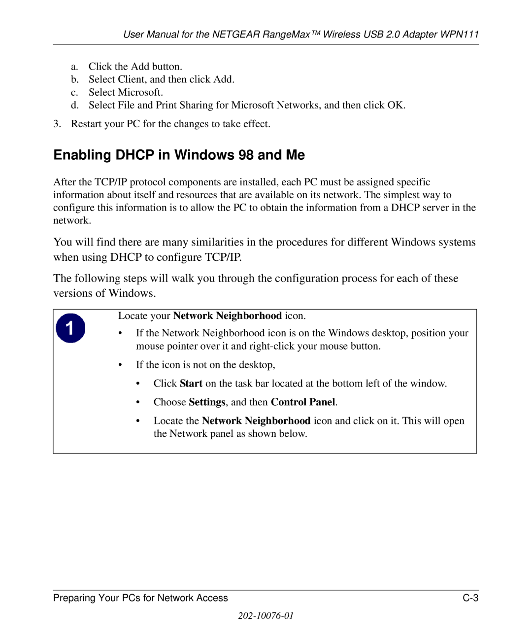 NETGEAR WPN111 user manual Enabling Dhcp in Windows 98 and Me, Locate your Network Neighborhood icon 